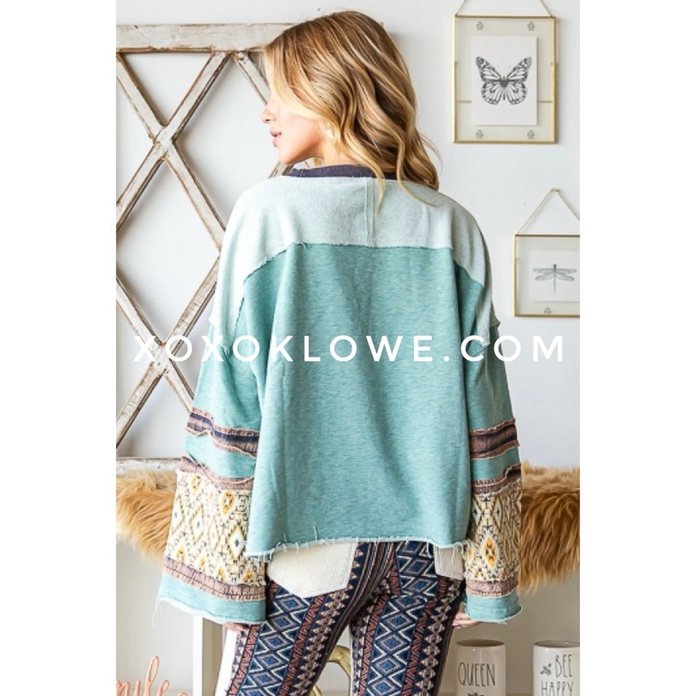 Oli & Hali Mixed Fabric Long Sleeve Top in Teal - Picture 5 of 10